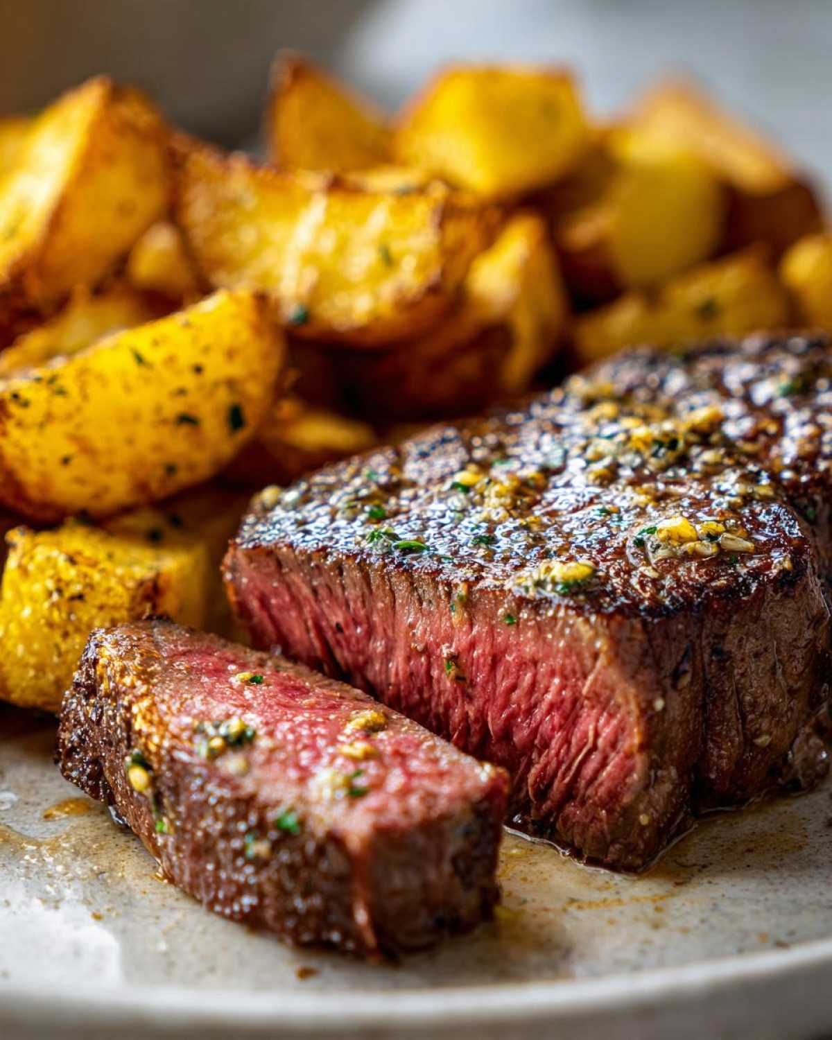 Close-up of a medium-rare Garlic Butter Steak sliced open, topped with garlic butter, next to crispy potatoes.