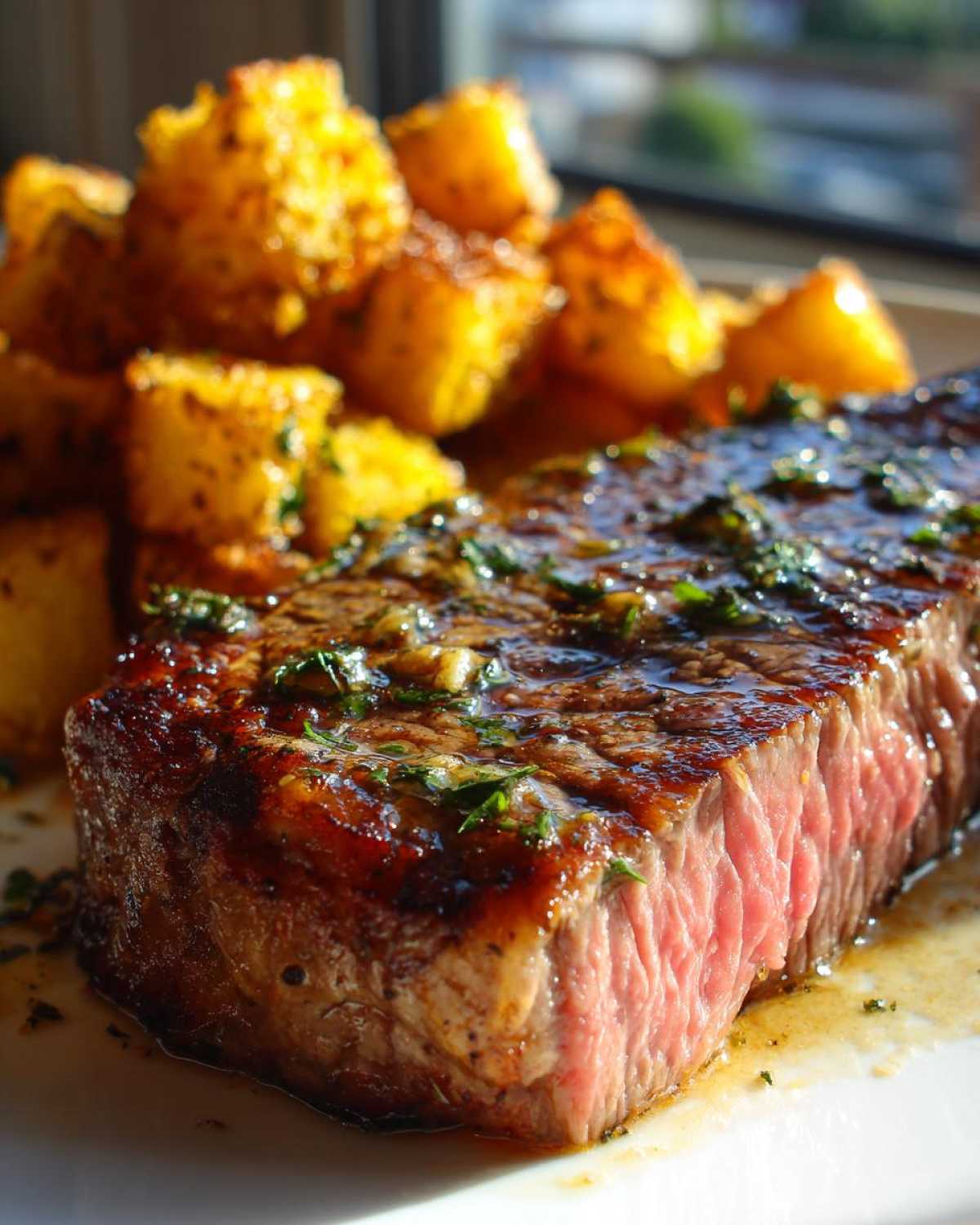 Close-up of medium-rare Garlic Butter Steak glistening with sauce next to crispy potatoes.