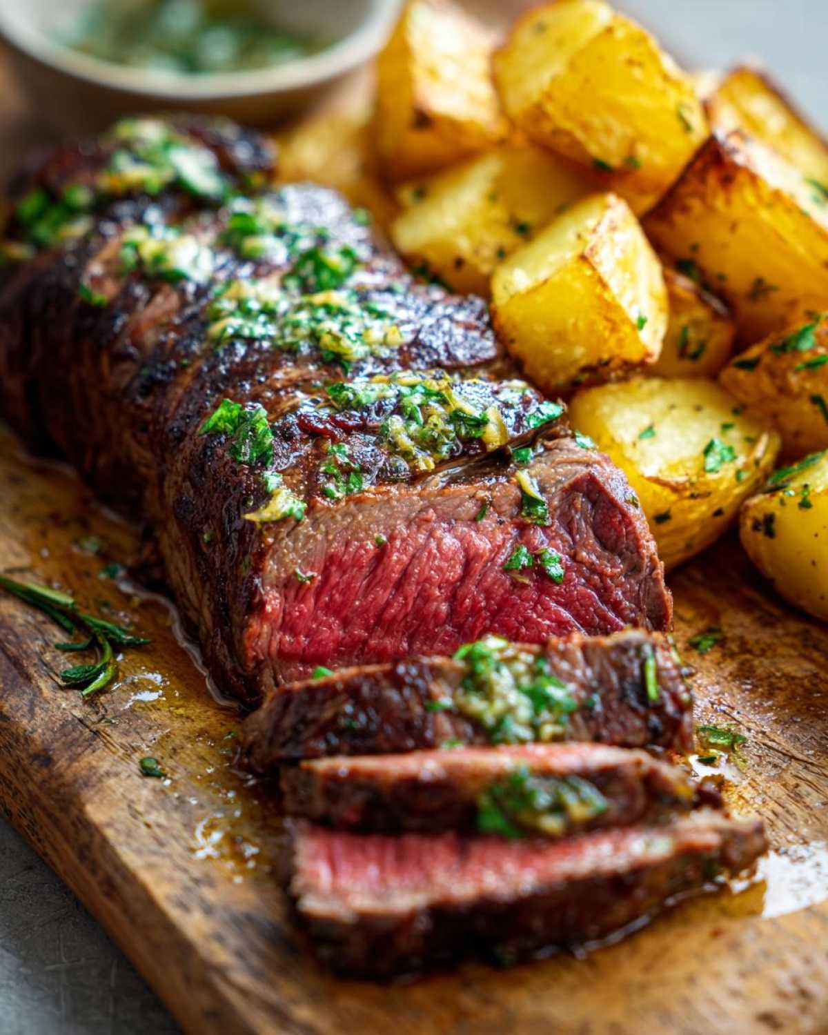 Close-up of sliced Garlic Butter Steak with crispy potatoes, drizzled with herb butter.
