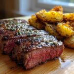 A medium-rare Garlic Butter Steak, sliced and topped with rosemary, served next to crispy roasted potatoes.