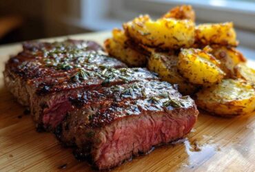 A medium-rare Garlic Butter Steak, sliced and topped with rosemary, served next to crispy roasted potatoes.