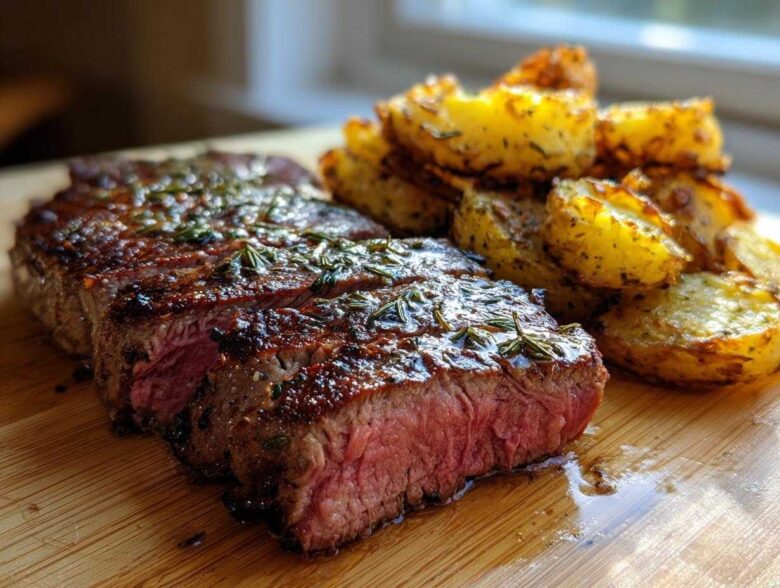 A medium-rare Garlic Butter Steak, sliced and topped with rosemary, served next to crispy roasted potatoes.