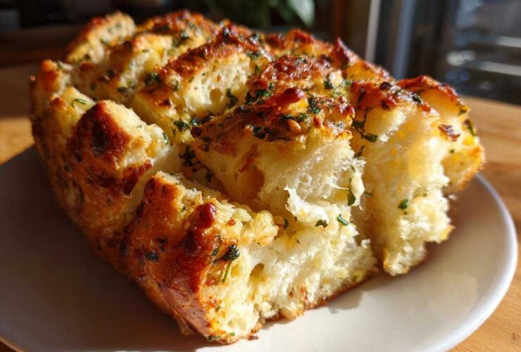 Close-up of golden brown Garlic Parmesan Pull-Apart Bread, showing soft interior pieces dusted with herbs.