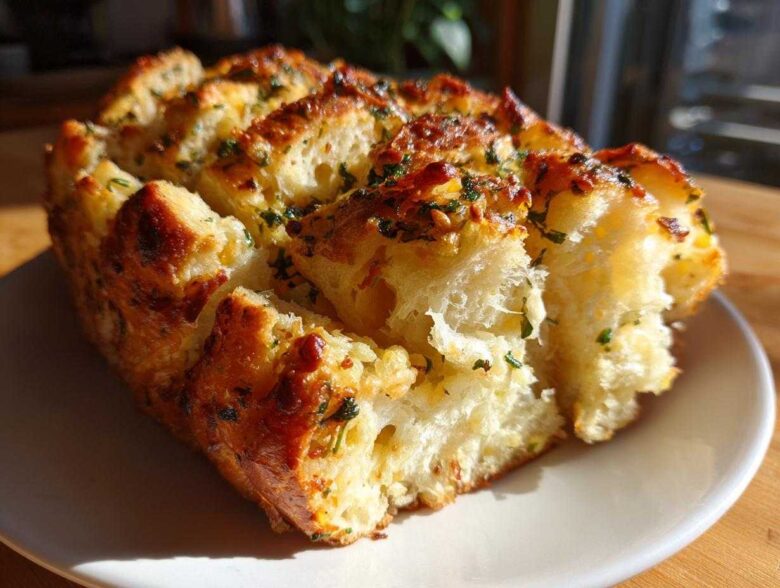 Close-up of golden brown Garlic Parmesan Pull-Apart Bread, showing soft interior pieces dusted with herbs.