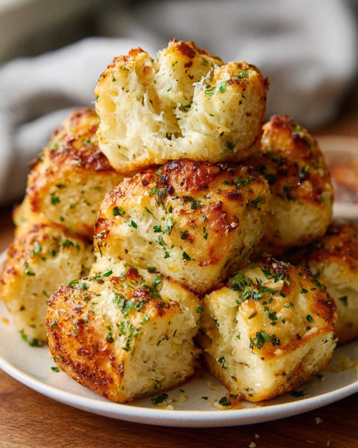A stack of golden brown Garlic Parmesan Pull-Apart Bread pieces sprinkled with fresh parsley on a white plate.