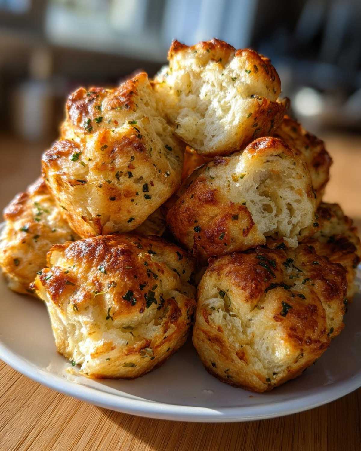 A stack of golden brown Garlic Parmesan Pull-Apart Bread pieces piled high on a white plate.