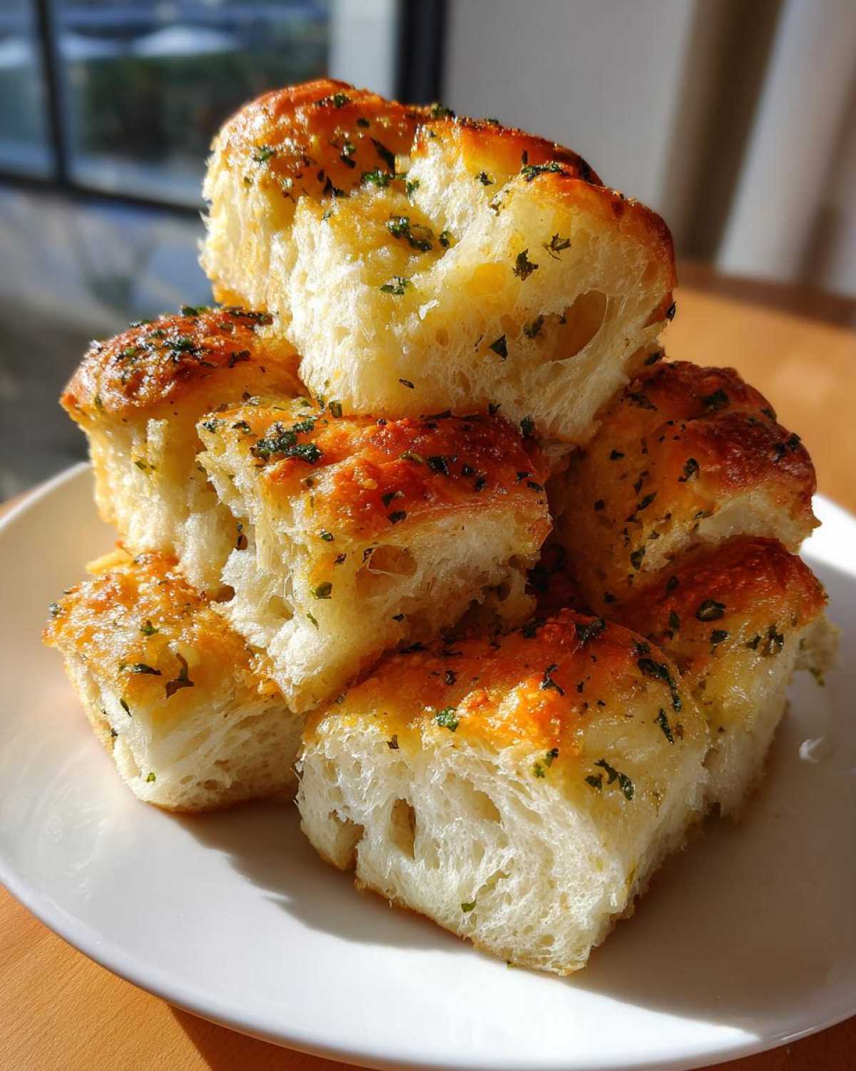 A stack of fluffy, golden Garlic Parmesan Pull-Apart Bread pieces topped with melted cheese and parsley.