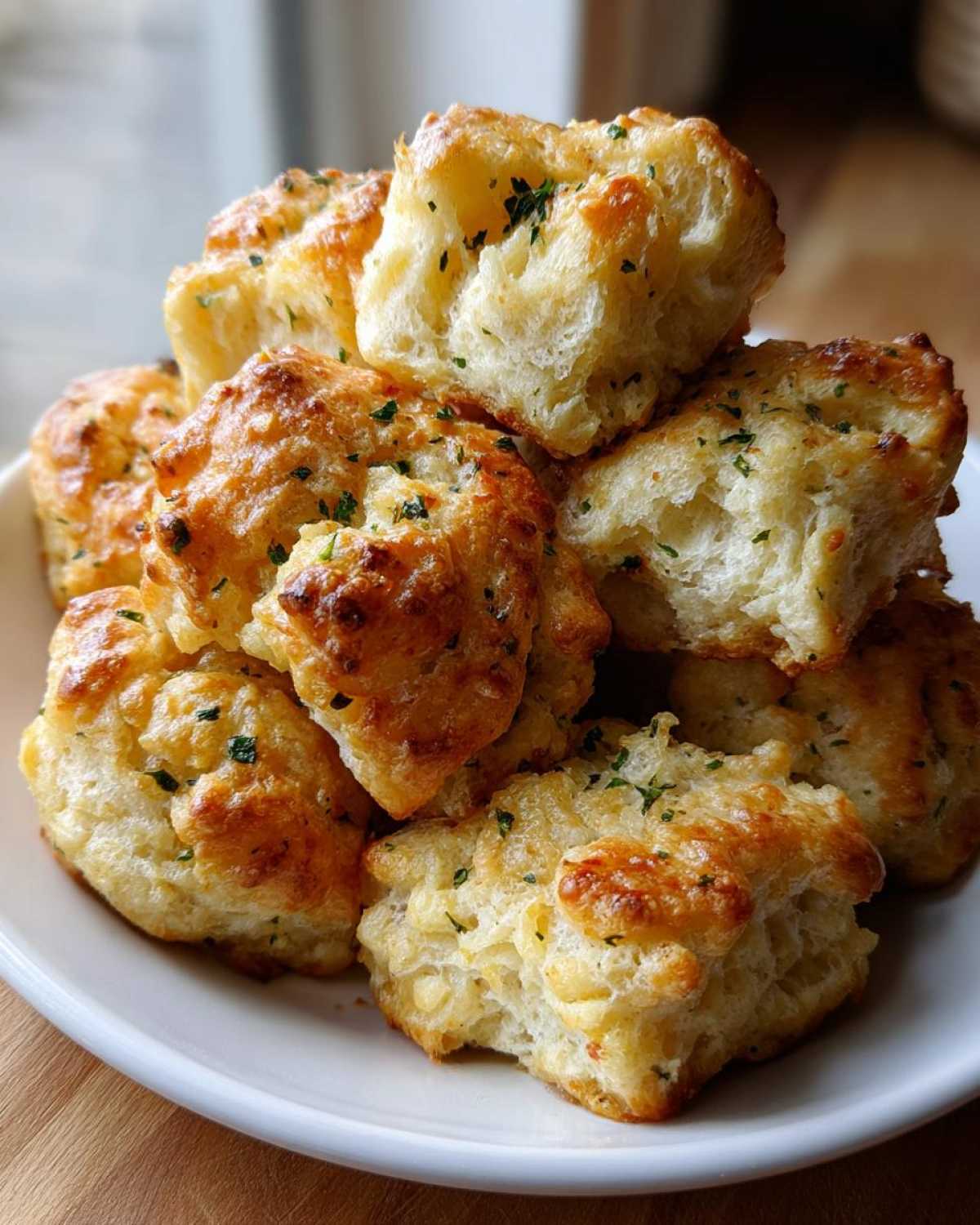 A close-up stack of fluffy, golden Garlic Parmesan Pull-Apart Bread pieces topped with melted cheese and parsley.