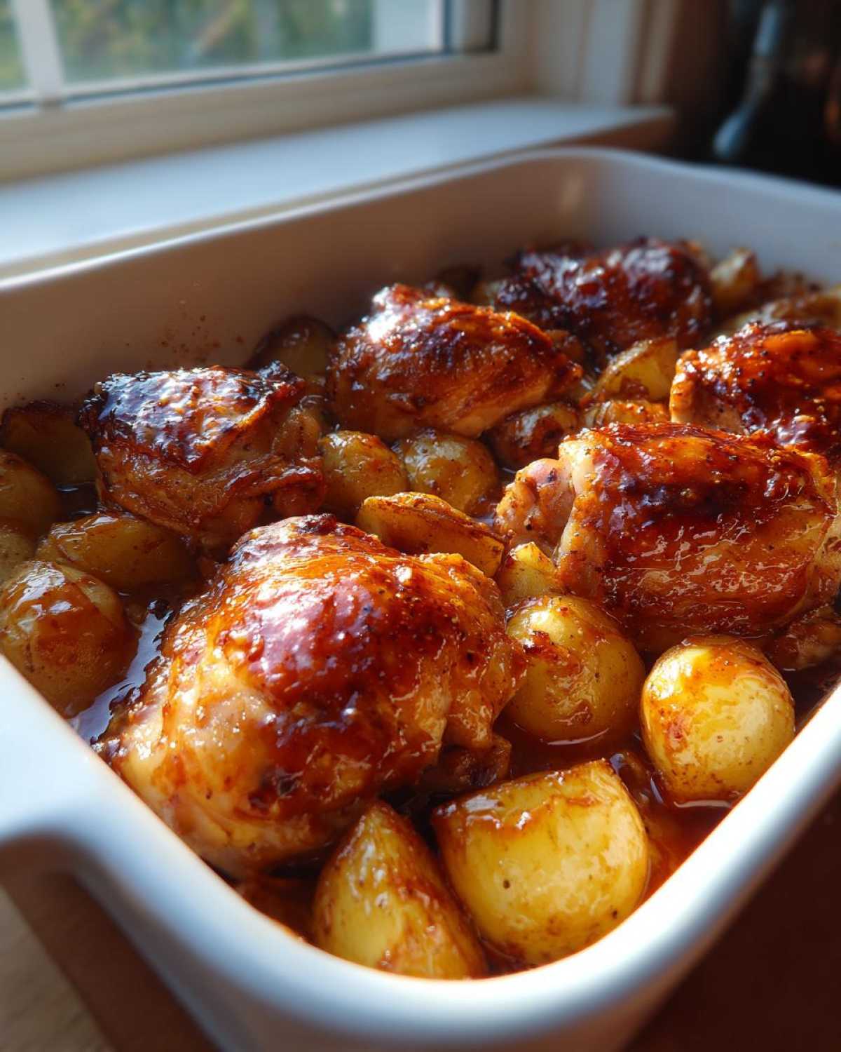 Close-up of juicy chicken thighs glazed with sticky Honey BBQ Chicken Bake with Potatoes in a white baking dish.