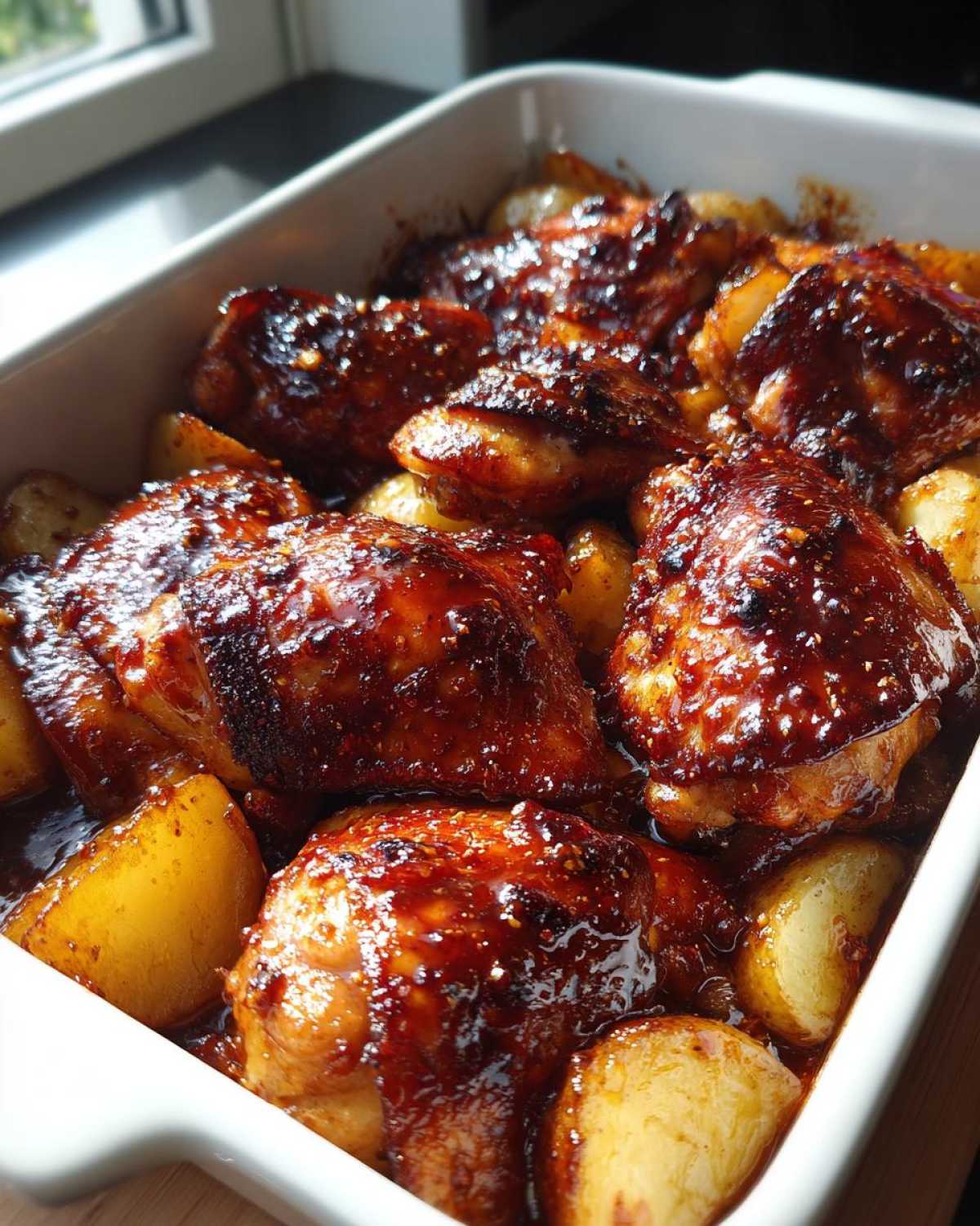 Close-up of glossy, caramelized chicken pieces baked with golden potatoes in a white dish for Honey BBQ Chicken Bake with Potatoes.