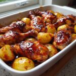 Close-up of glossy, glazed chicken drumsticks and roasted potatoes in a white baking dish for Honey BBQ Chicken Bake with Potatoes.