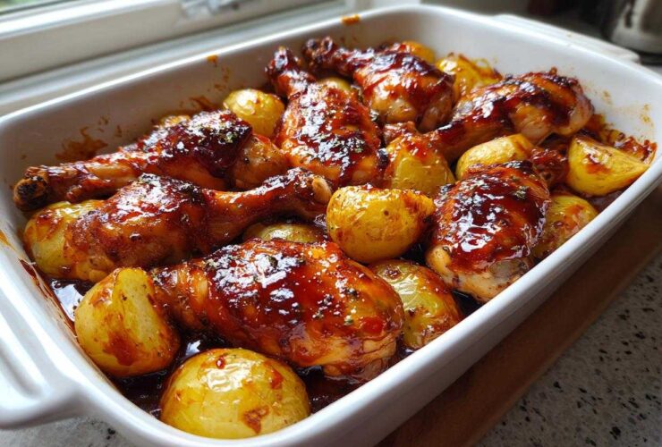 Close-up of glossy, glazed chicken drumsticks and roasted potatoes in a white baking dish for Honey BBQ Chicken Bake with Potatoes.