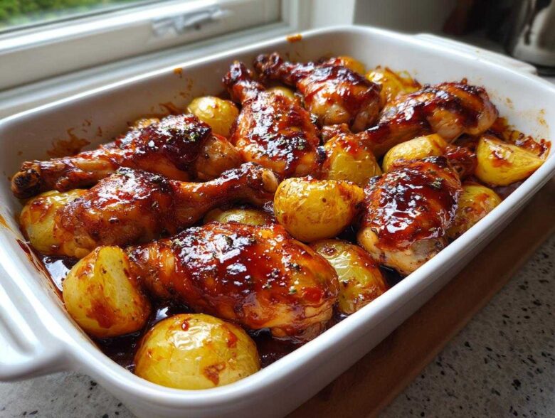 Close-up of glossy, glazed chicken drumsticks and roasted potatoes in a white baking dish for Honey BBQ Chicken Bake with Potatoes.