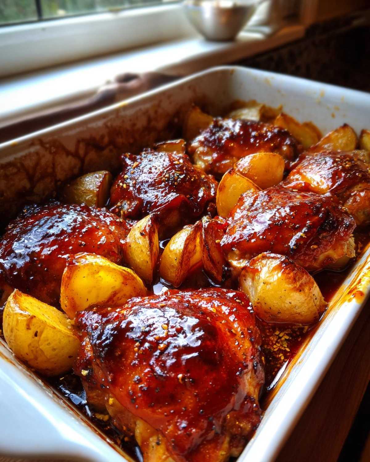 Close-up of Honey BBQ Chicken Bake with Potatoes, featuring glazed chicken thighs and roasted potato wedges in a white baking dish.