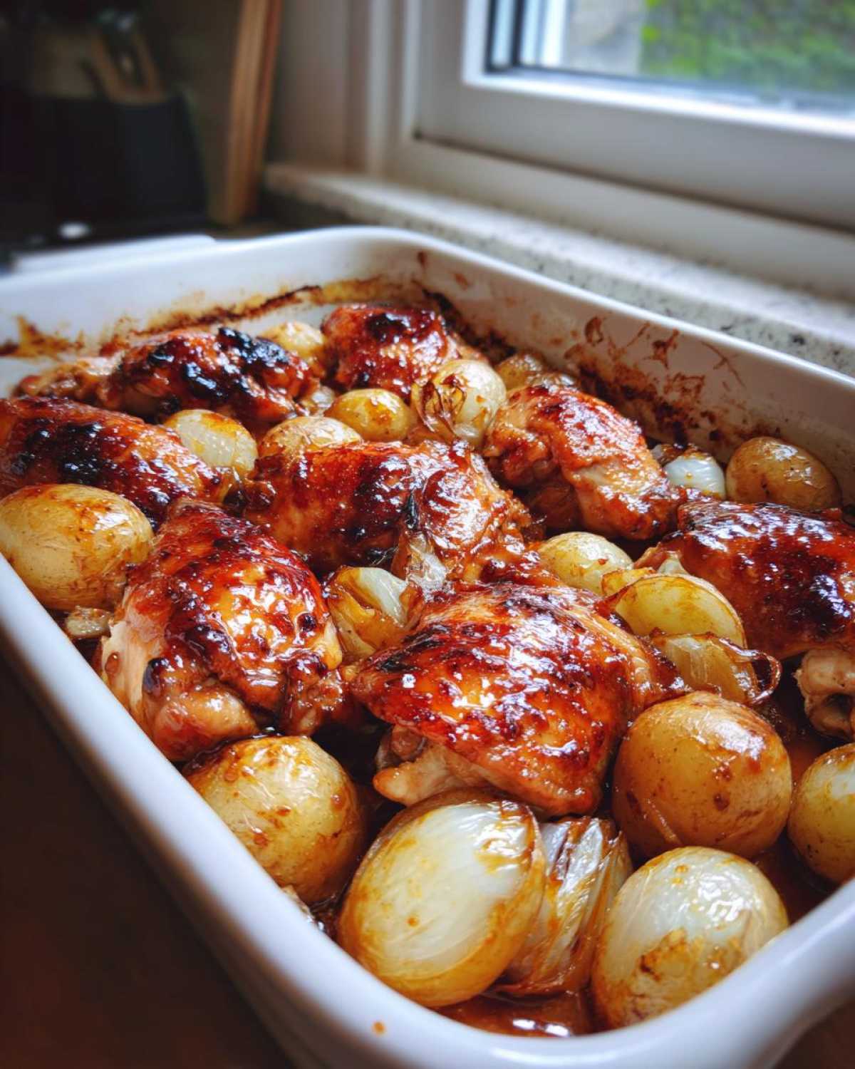 Close-up of glistening Honey BBQ Chicken Bake with Potatoes and onions in a white baking dish.