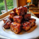 A stack of glistening Honey Butter Garlic Salmon Bites coated in a rich, dark glaze served on a white plate.