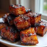Close-up of perfectly cooked, caramelized Honey Butter Garlic Salmon Bites stacked on a white plate.