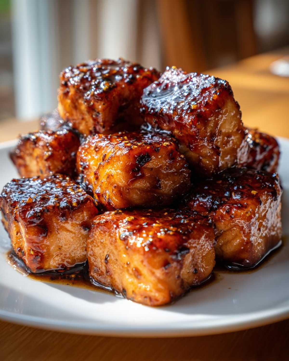 Close-up of stacked, glossy Honey Butter Garlic Salmon Bites coated in a dark, caramelized glaze.
