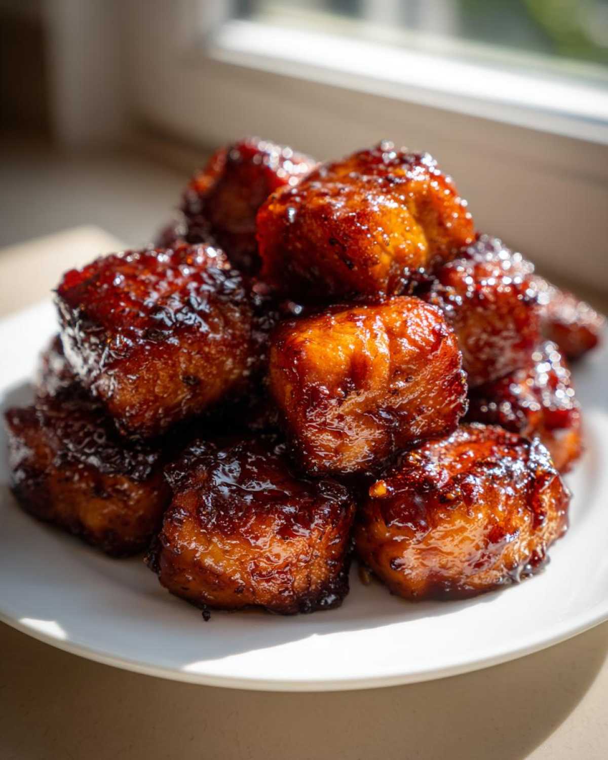 A close-up of shiny, caramelized Honey Butter Garlic Salmon Bites piled high on a white plate.