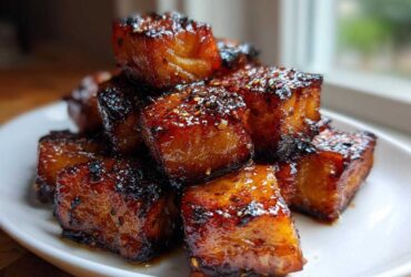 Close-up of perfectly cooked, caramelized Honey Butter Garlic Salmon Bites stacked on a white plate.