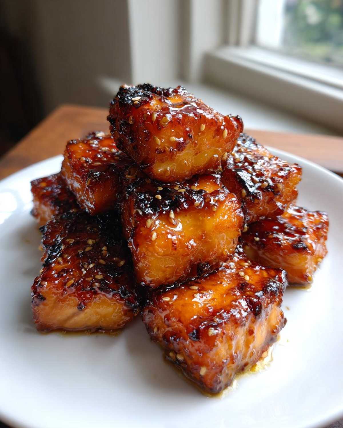 A stack of glistening Honey Butter Garlic Salmon Bites coated in a dark glaze and sprinkled with sesame seeds.