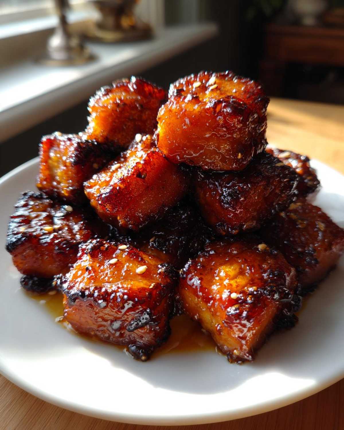 Close-up of sticky, caramelized Honey Butter Garlic Salmon Bites piled high on a white plate, sprinkled with sesame seeds.