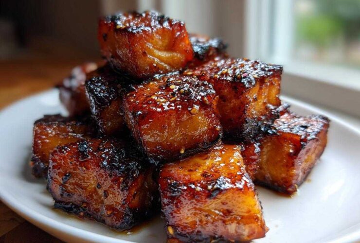 Close-up of perfectly cooked, caramelized Honey Butter Garlic Salmon Bites stacked on a white plate.