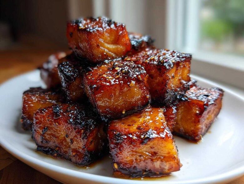 Close-up of perfectly cooked, caramelized Honey Butter Garlic Salmon Bites stacked on a white plate.