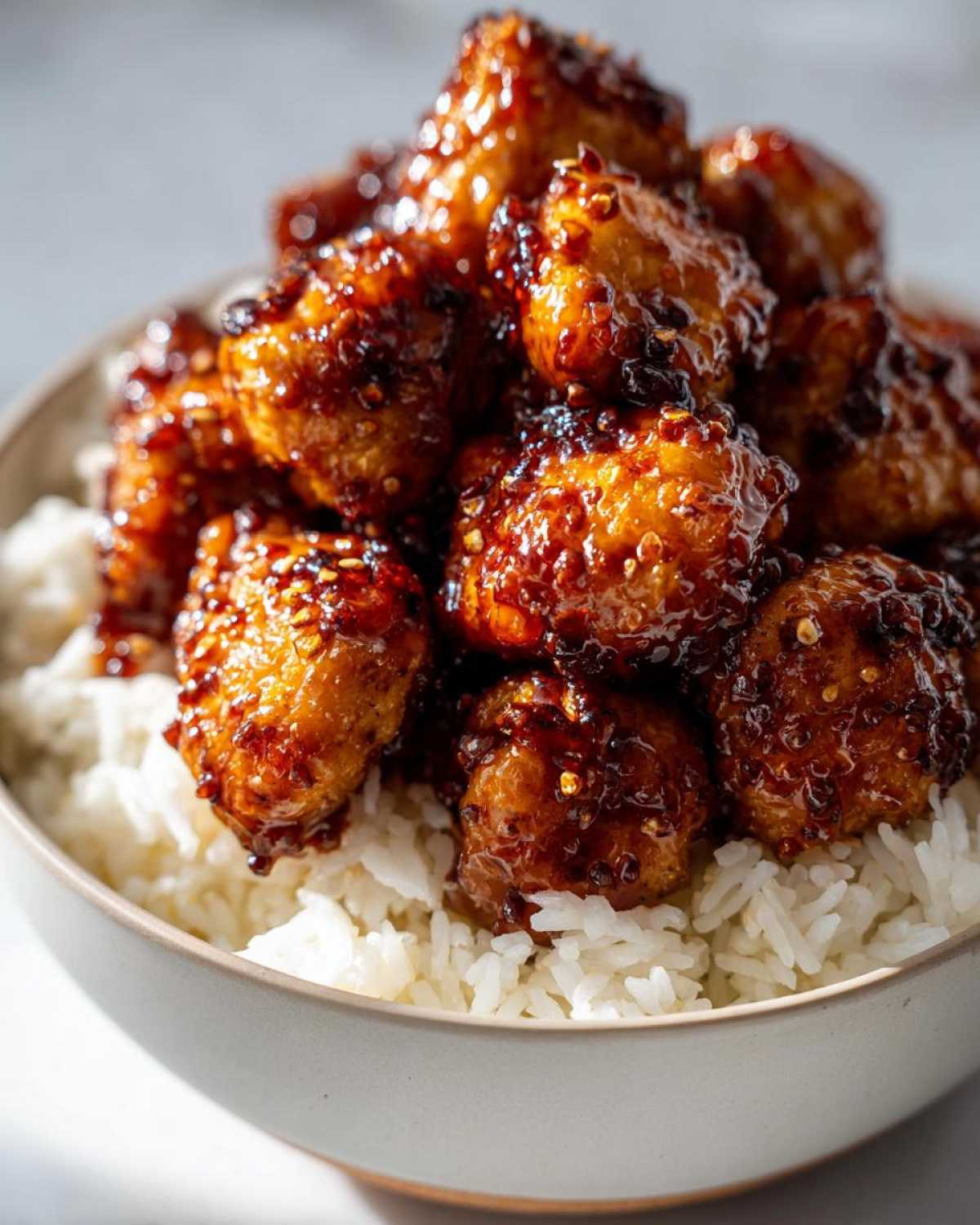 Close-up of glossy Honey Garlic Chicken Bites piled high over a bed of white rice in a light-colored bowl.