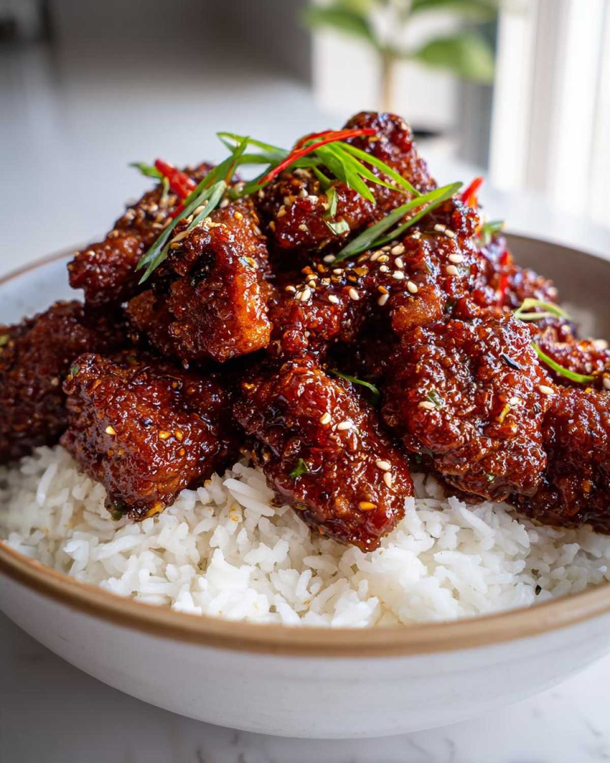 A close-up of saucy Honey Garlic Chicken Bites piled high over a bed of white rice in a bowl.