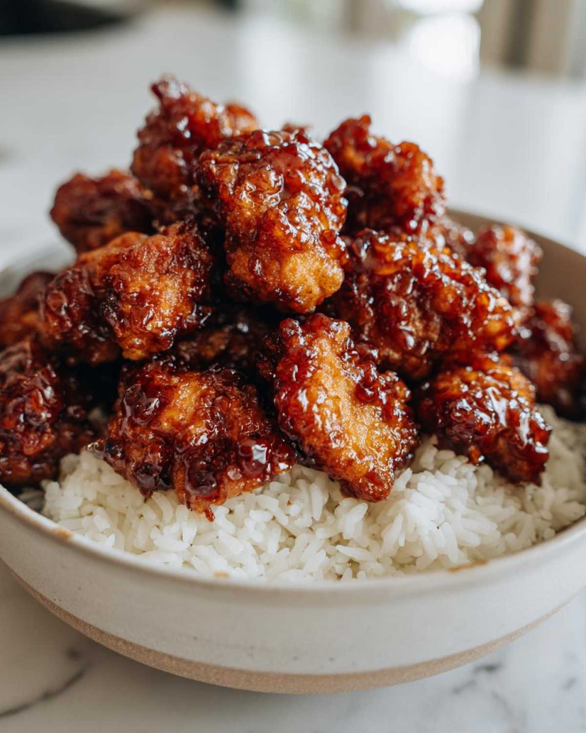 Close-up of crispy Honey Garlic Chicken Bites piled high over a bed of fluffy white rice in a ceramic bowl.