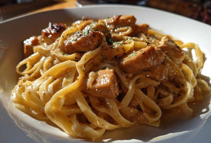 A close-up shot of creamy fettuccine pasta topped with glazed chicken pieces, representing Honey Garlic Chicken Pasta with Cream Sauce.