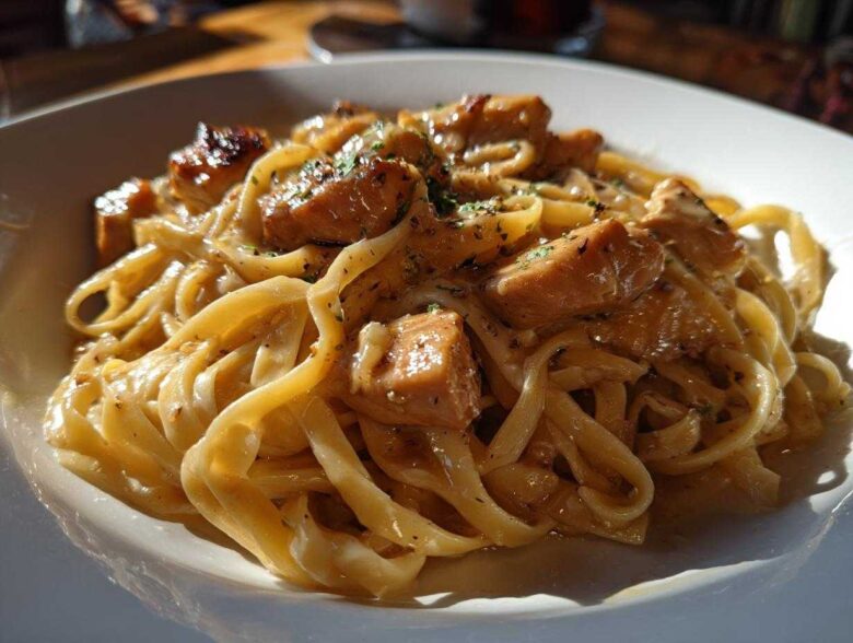 A close-up shot of creamy fettuccine pasta topped with glazed chicken pieces, representing Honey Garlic Chicken Pasta with Cream Sauce.