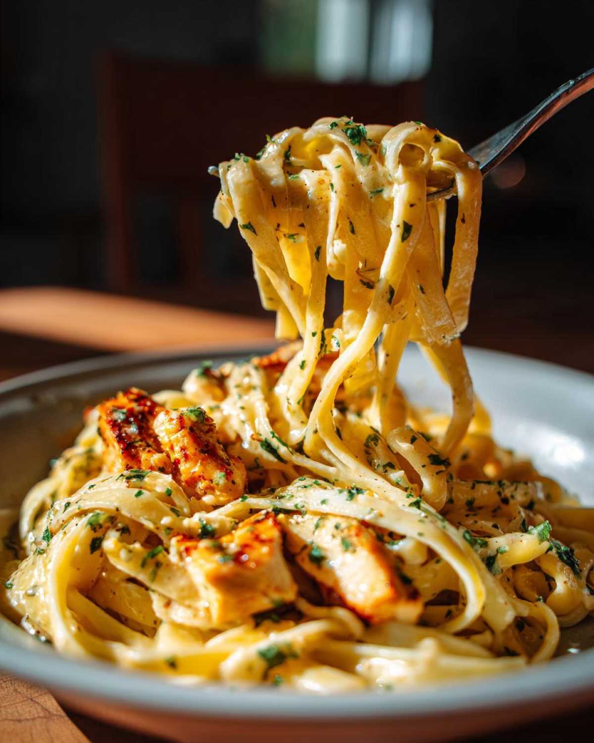 A fork lifting fettuccine noodles coated in creamy sauce from a bowl of Honey Garlic Chicken Pasta with visible chicken pieces.