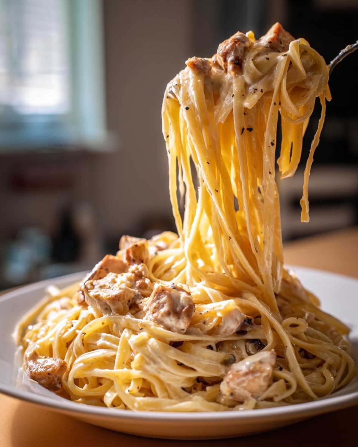 A fork lifts long strands of creamy Honey Garlic Chicken Pasta with chunks of chicken from a white bowl.