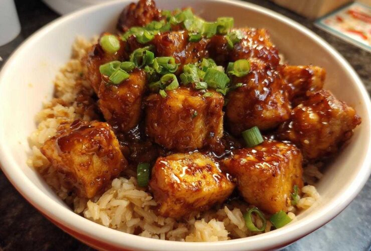 Close-up of Honey Garlic Chicken Skillet with Rice, featuring glazed chicken pieces over brown rice, topped with green onions.