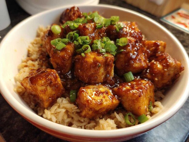 Close-up of Honey Garlic Chicken Skillet with Rice, featuring glazed chicken pieces over brown rice, topped with green onions.