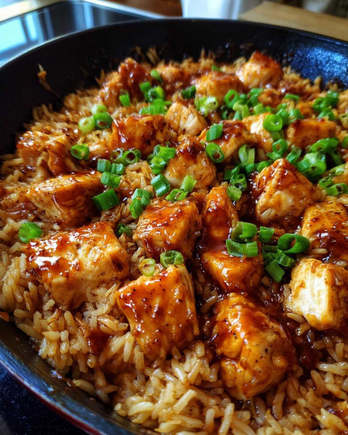 Close-up of glistening Honey Garlic Chicken Skillet with Rice topped with fresh green onions.