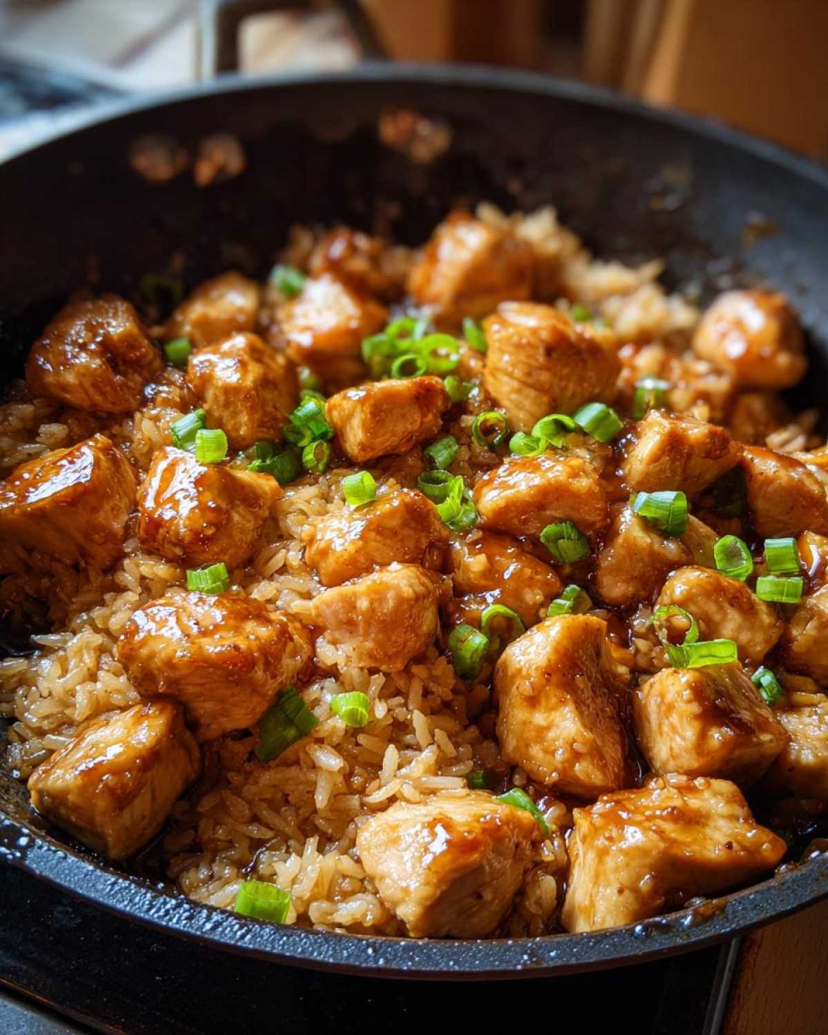 Close-up of glazed chicken pieces served over rice in a skillet, topped with chopped green onions, ready for Honey Garlic Chicken Skillet with Rice.