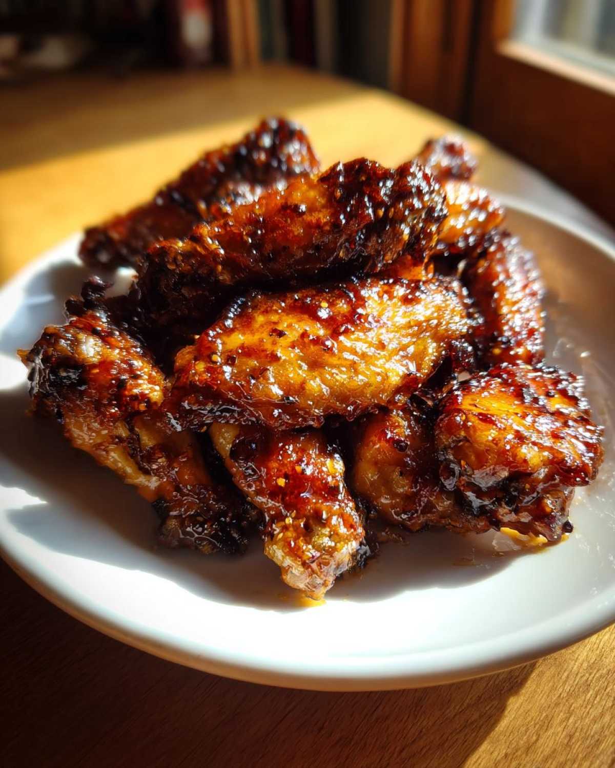 A pile of sticky, caramelized Honey Garlic Chicken Wings Oven Baked glistening under natural light on a white plate.