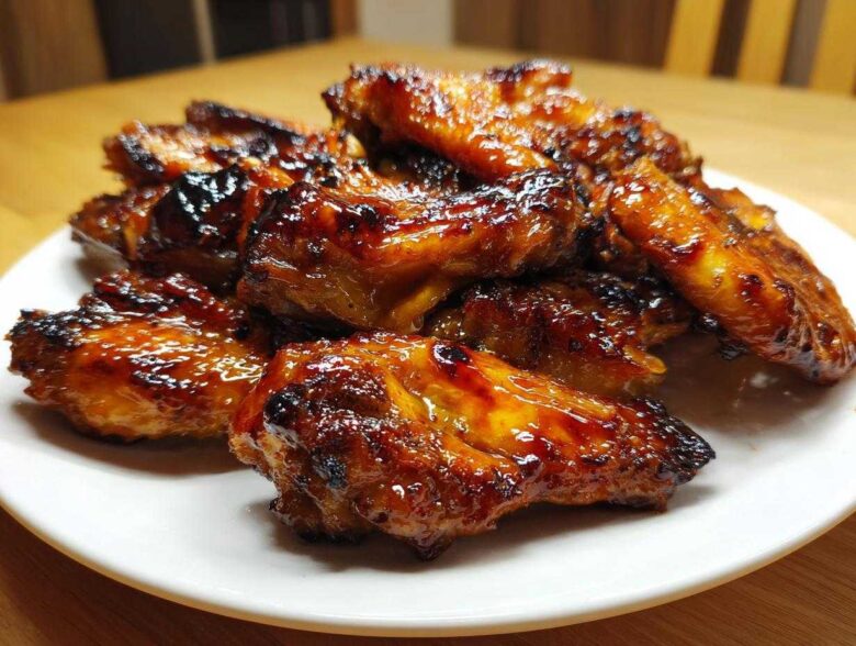 A pile of glossy, sticky Honey Garlic Chicken Wings Oven Baked, caramelized and slightly charred, served on a white plate.