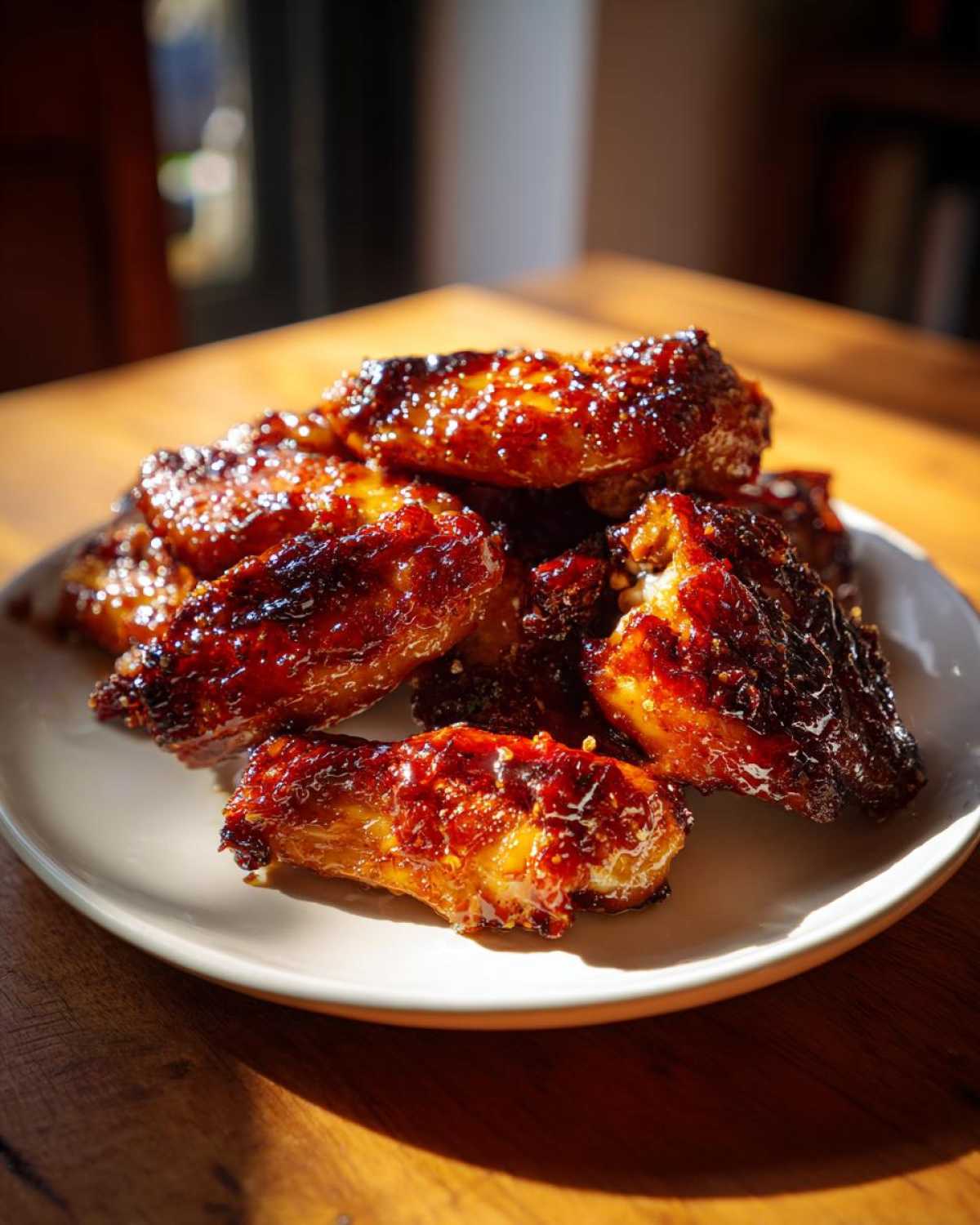 A pile of perfectly caramelized Honey Garlic Chicken Wings Sticky Oven Baked glistening on a light plate.