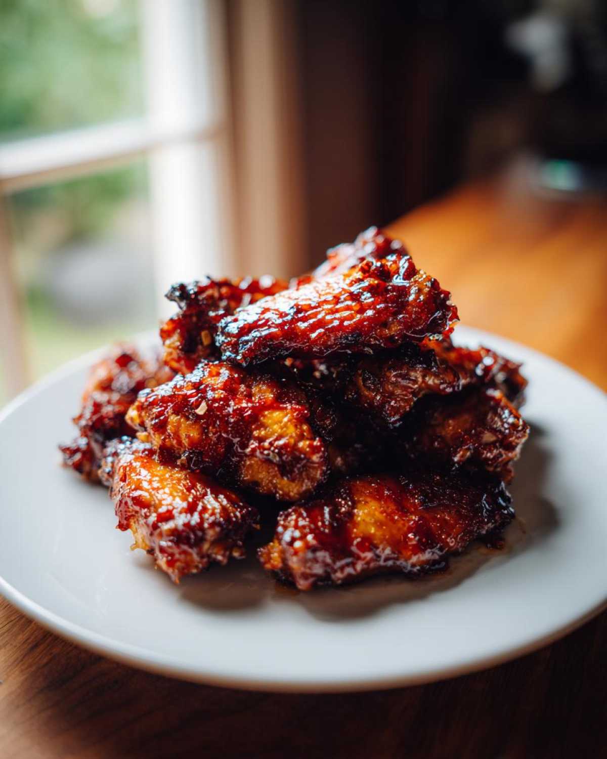 A mound of sticky, glazed Honey Garlic Chicken Wings Oven Baked piled high on a white plate.