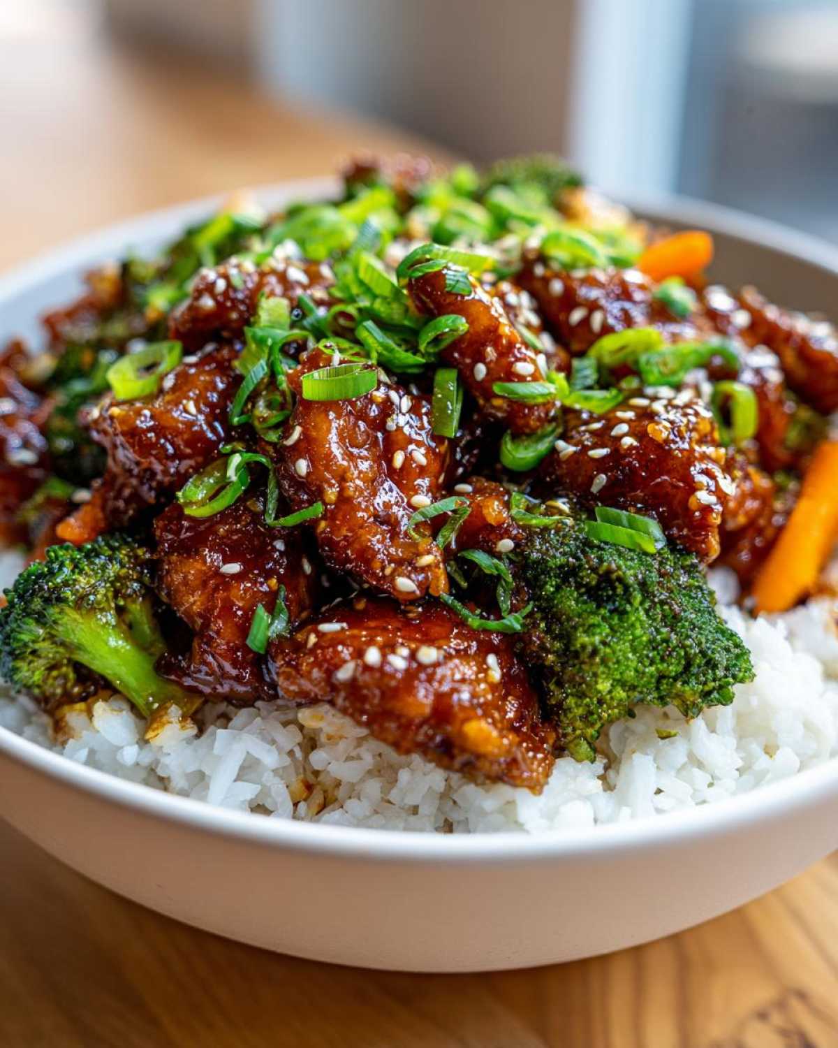 Close-up of a Honey Soy Chicken Bowl Quick Dinner Idea featuring glazed chicken pieces over white rice with broccoli, garnished with sesame seeds and green onions.