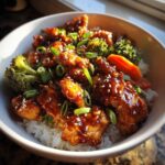 Close-up of a Honey Soy Chicken Bowl Quick Dinner Idea with glazed chicken, rice, broccoli, and green onions.