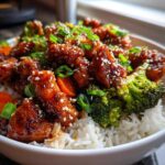 Close-up of a Honey Soy Chicken Bowl Quick Dinner Idea featuring glazed chicken pieces, bright green broccoli, and white rice, topped with sesame seeds.
