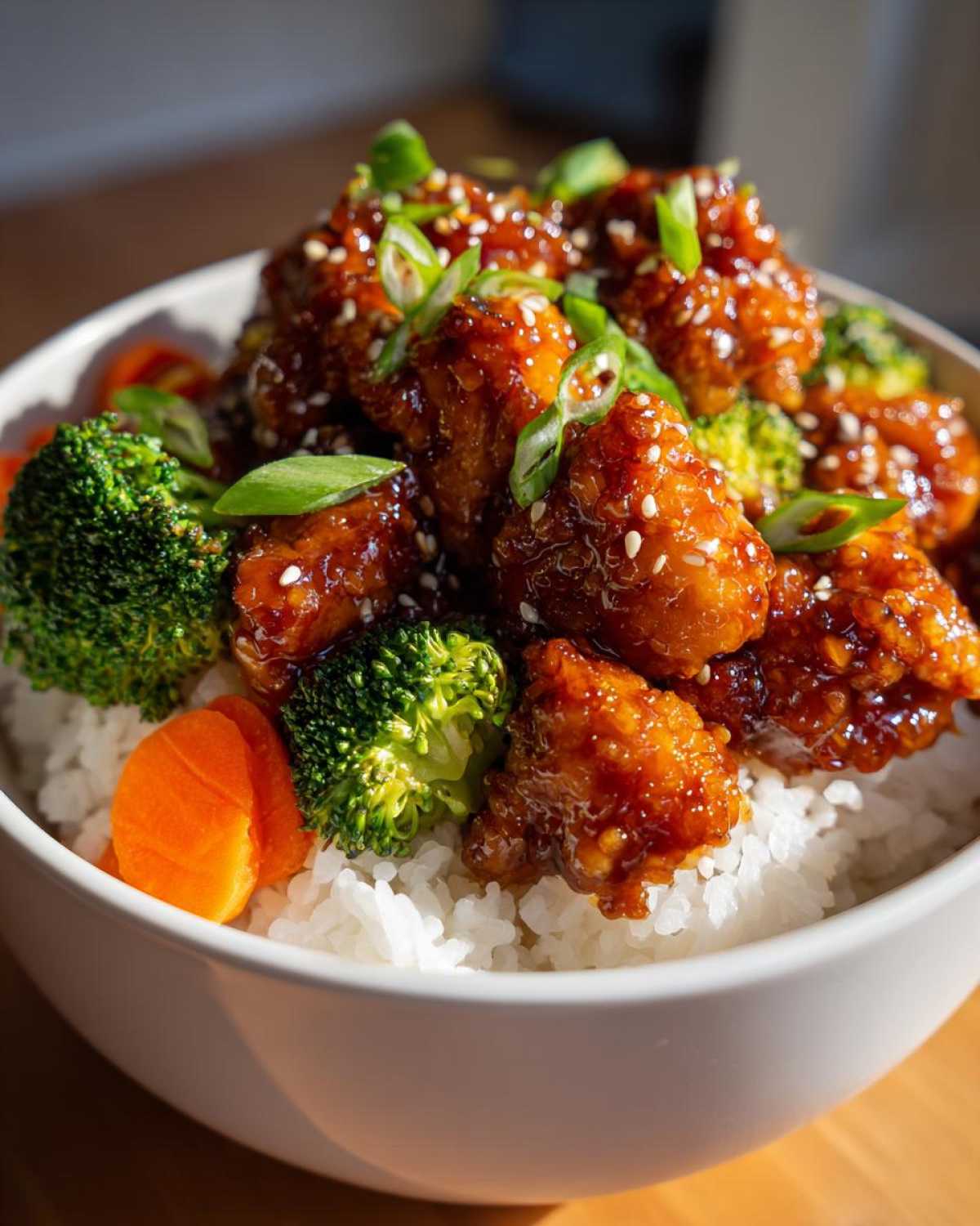 A close-up of a Honey Soy Chicken Bowl Quick Dinner Idea featuring glazed chicken pieces over white rice with broccoli and carrots.