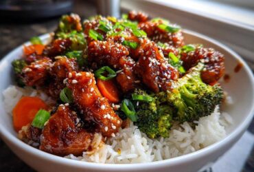 Close-up of a Honey Soy Chicken Bowl Quick Dinner Idea featuring glazed chicken pieces, bright green broccoli, and white rice, topped with sesame seeds.
