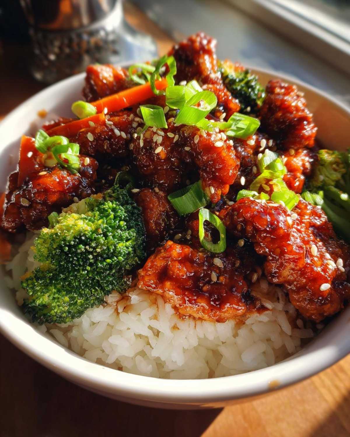 Close-up of a Honey Soy Chicken Bowl Quick Dinner Idea featuring glazed chicken pieces over white rice with broccoli and green onions.