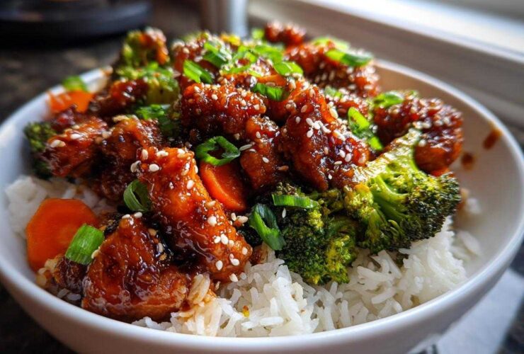 Close-up of a Honey Soy Chicken Bowl Quick Dinner Idea featuring glazed chicken pieces, bright green broccoli, and white rice, topped with sesame seeds.